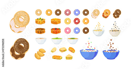 Set of Cartoon Food, Breakfast Illustrations, Icons Set Isolated on White Background, Colorful Design Elements, Menu Icons, Sandwiches, Soup.