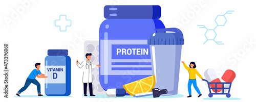 Sports nutrition Anabolic steroids Doping test Protein cocktail Nutrition help replenish body vitamin supply Healthy food diet vector concept metaphor Illustration Food supplements and vitamins
