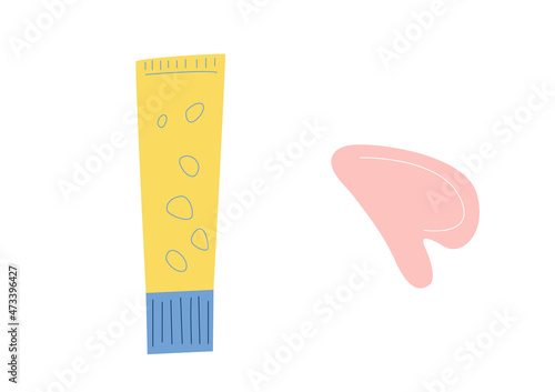 Vector modern illustration with tube of cosmetic product and Guasha stone for face massage in flat style isolated on white background.