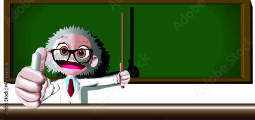 I like science. Smiling scientist physicist with chalk and a blackboard background for texts and logos