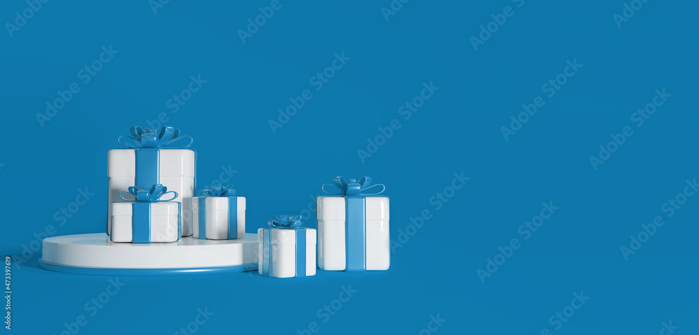 3d rendering of gift boxes on podium on blue background with place for product design	
