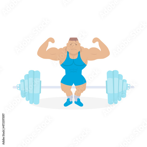 Strong weightlifter and barbell on a white background.