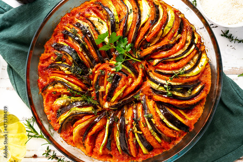 Provance tradininal vegetable dish ratatouille. Close up and top view photo