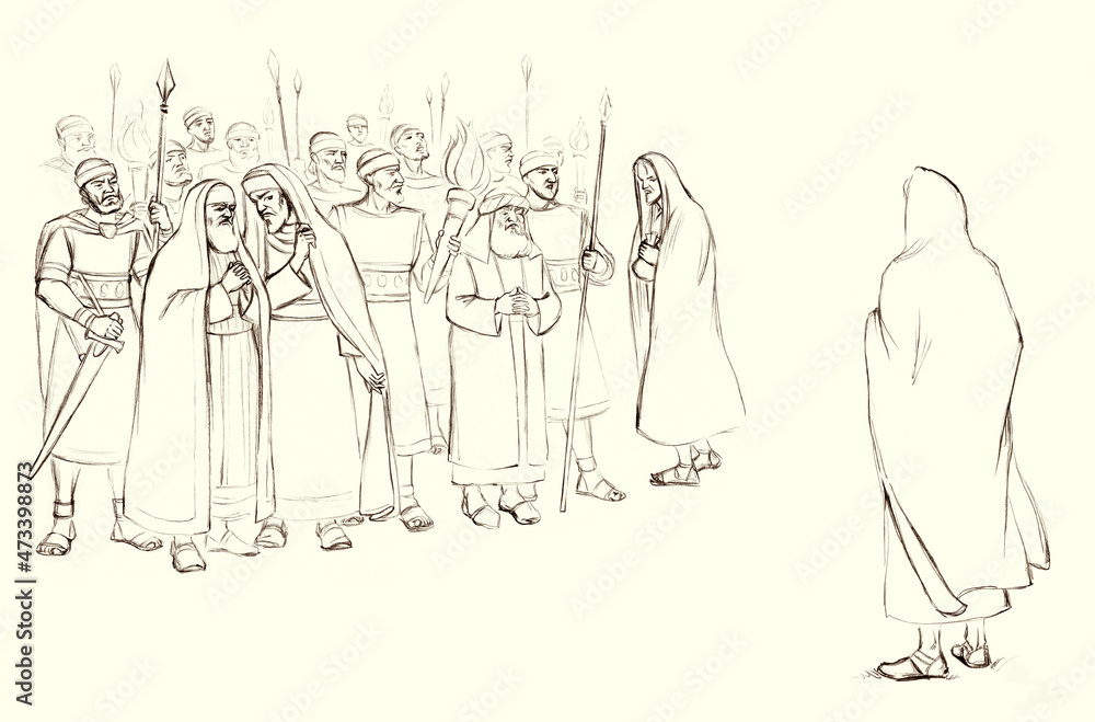 Pharisees and high priests with soldiers in Gethsemane. Pencil drawing Pharisees and high priests with soldiers in Gethsemane. Pencil drawing