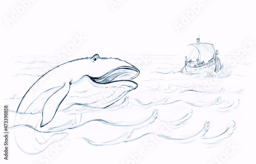 Fototapeta Naklejka Na Ścianę i Meble -  Peoples and blue whale. Pencil drawing