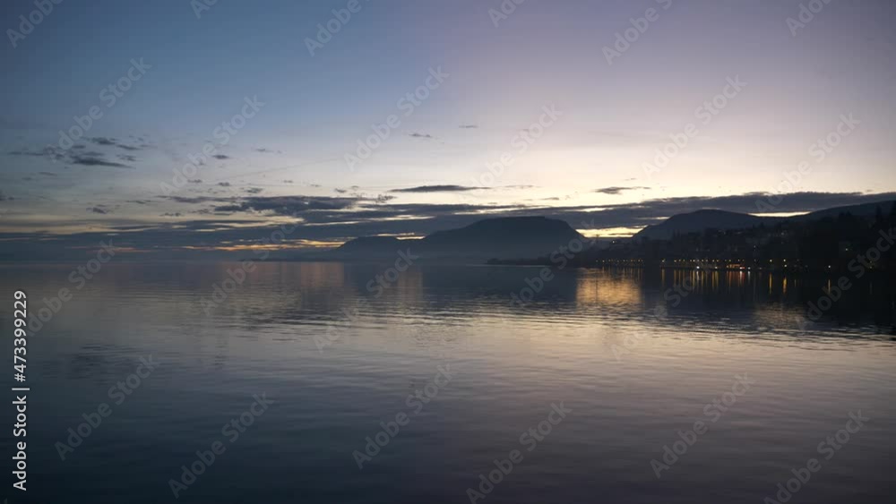 The Neufchâtel lake in the evening. The 30th October 2021, Switzerland. The Neufchâtel lake in the evening. The 30th October 2021, Switzerland.