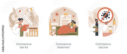 Covid19 pandemic abstract concept vector illustration set. Coronavirus test kit, covid19 treatment and vaccine, intensive therapy, lung ventilation, medical laboratory, healthcare abstract metaphor.