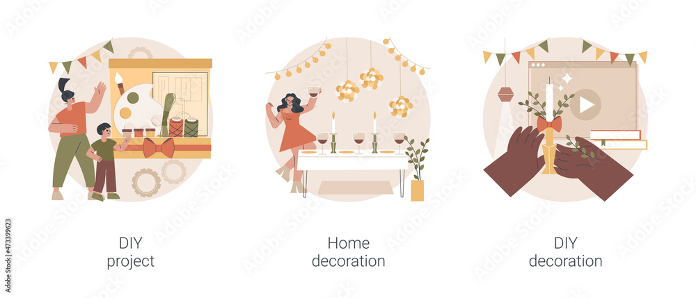 Family house decor abstract concept vector illustration set. DIY decoration project, home holiday indoor decorative ideas, craft gift, house design, online tutorial, handmade abstract metaphor.