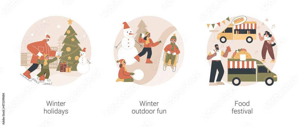 Family time outdoors abstract concept vector illustration set. Winter holidays, outdoor fun, food festival, Christmas eve, new year celebration, building a snowman, snowball fight abstract metaphor.