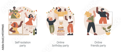 Virtual communication abstract concept vector illustration set. Self-isolation party, online birthday, online friends meeting, video call, quarantine fun, coronavirus outbreak abstract metaphor.