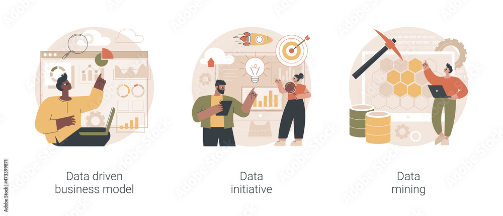 Data analytics abstract concept vector illustration set. Data driven business model, information initiative, data mining, decision making, machine learning analytics, open platform abstract metaphor.