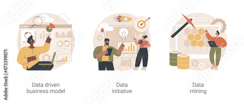 Data analytics abstract concept vector illustration set. Data driven business model, information initiative, data mining, decision making, machine learning analytics, open platform abstract metaphor.