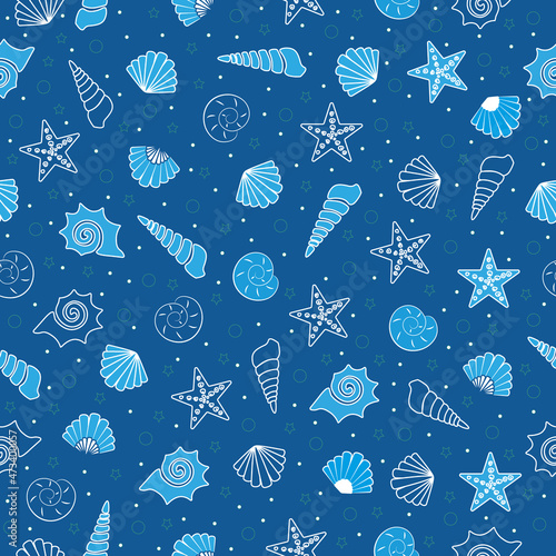 Seashell seamless pattern. design for holiday greeting card and invitation of seasonal summer holidays, summer beach parties, tourism and travel. The theme of the sea. Seashells on a dark  background