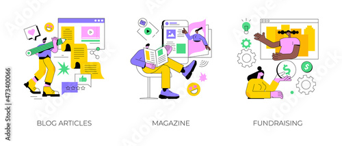 News source abstract concept vector illustration set. Our blog, magazine, fundraising, subscribe for publications, latest news, company website page, croudfounding, review article abstract metaphor.