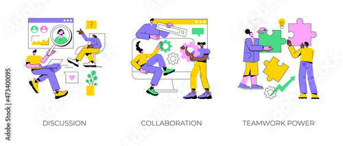 Effective team-working abstract concept vector illustration set. Discussion, collaboration, teamwork power, share opinion, brainstorming, corporate website, goal achievement abstract metaphor.