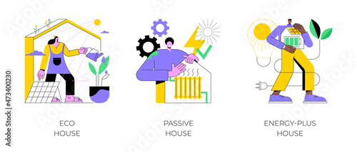 Environmentally friendly construction abstract concept vector illustration set. Eco house, passive and energy-plus building, waste recycling, heating efficiency, sustainable home abstract metaphor.