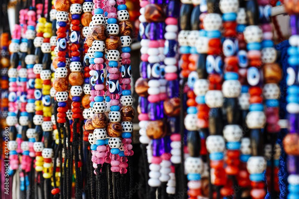 Traditional Turkish colourful handmade souvenirs at the gift shop, selective focus