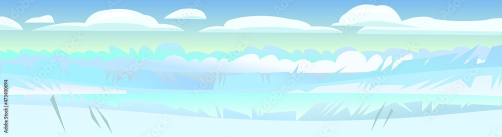 Snowdrift scene. Winter rural landscape with cold white snow and drifts. Beautiful frosty view of countryside hilly plain. Flat design cartoon style. Vector