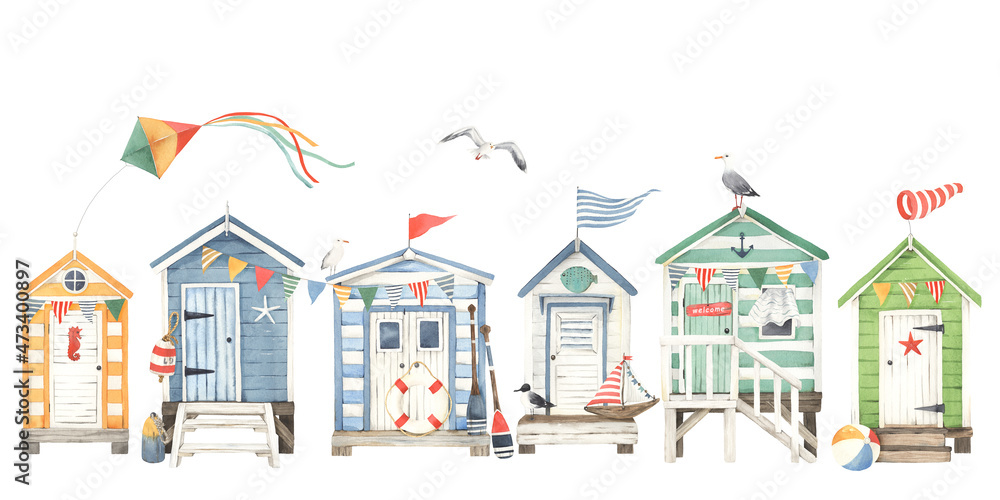 Summer panoramic banner, card, print with beach huts, seagulls and design elements, symbols hobbies and leisure on coast sea, ocean or lake. Marine watercolor illustration isolated on white background