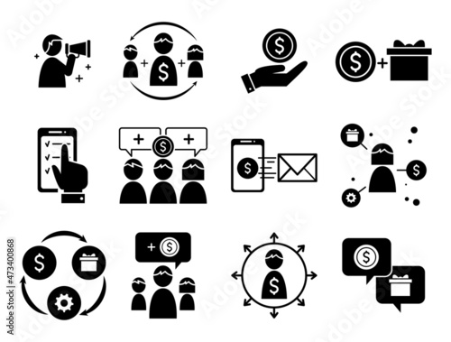 Simple set of outline icons for refer a friend program isolated on white background