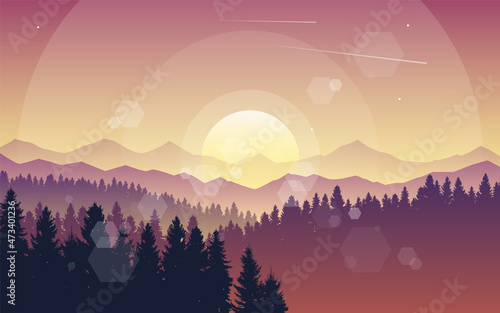 Nature landscape, sunset scene in nature with mountains and forest, silhouettes of trees. Hiking tourism. Adventure. Minimalist graphic flyers. Polygonal flat design for coupons, vouchers, gift cards
