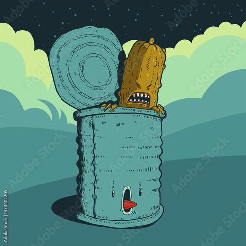 Dangerous cucumber monster. Humorous vector illustration of malicious cucumber creature breaking out of the frightened can at night. Funny poster, creepy print