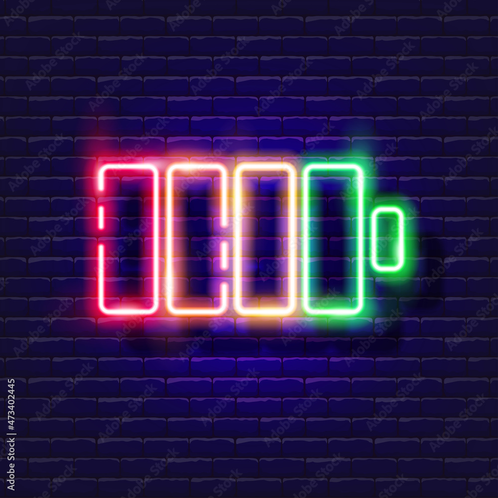 Battery neon icon. Charge level glowing sign. Photo and video concept. Vector illustration for design, website, decoration, online store.
