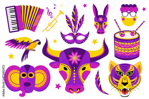 Barranquilla Carnival icons set. Colombian carnaval party collection of design elements with masks, button accordion, drum. For posters, flyers your design template. Vector illustration