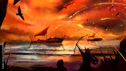 Vikings shoot fiery arrows from bows at dragon boats floating on the water on red sails in the sunset orange light of the sun. sharp rocks stick out on the shore, and birds fly over the water 2d art photo