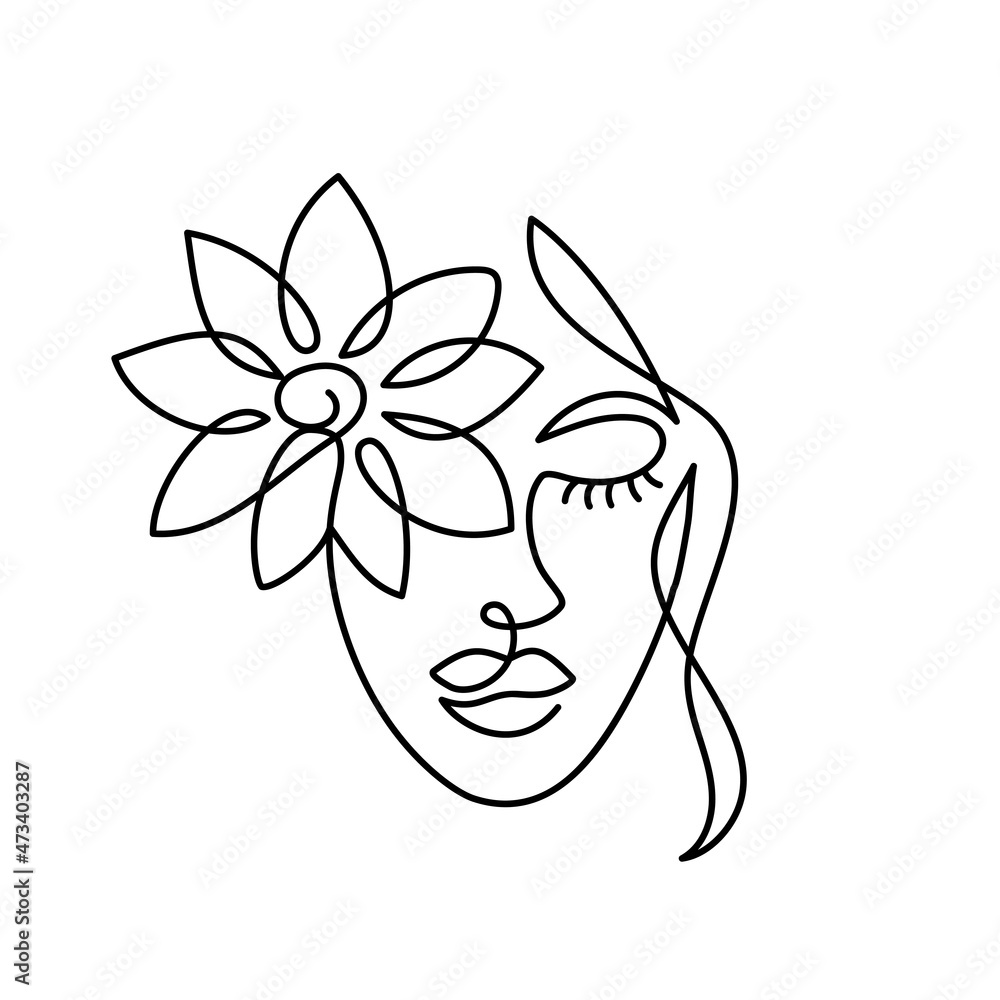 Face of an abstract woman with a flower in a modern abstract minimalist one line style. Continuous black line faces simple drawing. Isolated on white. Vector fashion illustration.