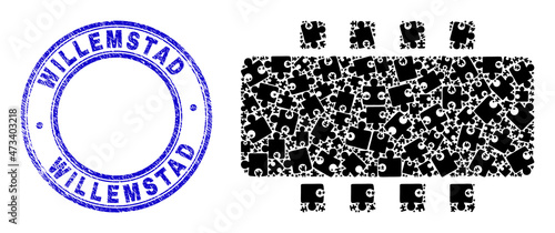 Puzzle chip mosaic icon with Willemstad seal stamp. Blue vector rounded grunge seal with Willemstad title. Abstract collage of chip icon done of puzzle plug-ins.