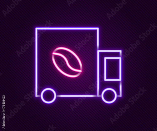 Glowing neon line Coffee street truck machine icon isolated on black background. Delivery coffee. Colorful outline concept. Vector