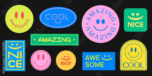 Set Of Smile Stickers Vector Design. Cool Trendy Patches Background. Hipster Badges.