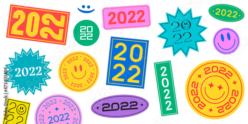 Cool Trendy 2022 Stickers Collection. Happy New Year Background with Patches. Vector Badges.