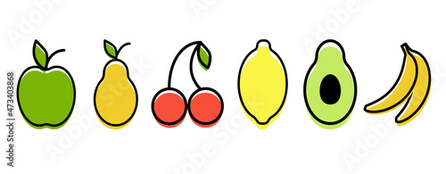 Fruit icons. Vector illustration isolated on white background. Banana lemon apple avocado cherry pear.