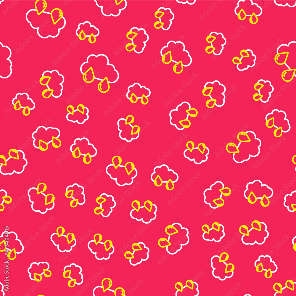Line Cloud with rain icon isolated seamless pattern on red background. Rain cloud precipitation with rain drops. Vector Line Cloud with rain icon isolated seamless pattern on red background. Rain cloud precipitation with rain drops. Vector