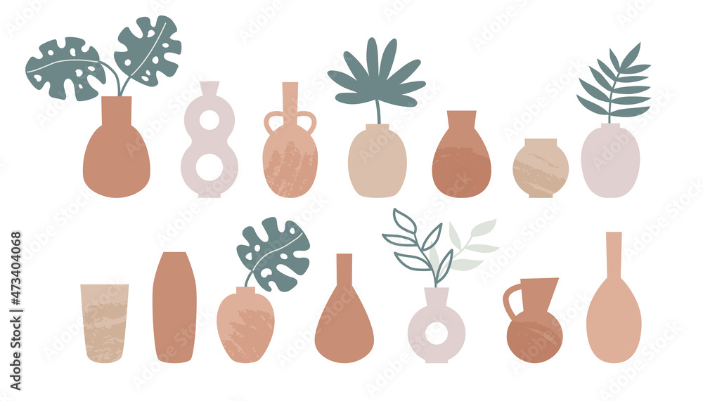Set of ceramic and clay vases. Boho style pots. Hand drawn tropical leaves and plants. Vintage bottle and jug. Pastel earth colors. Flat vector illustration.