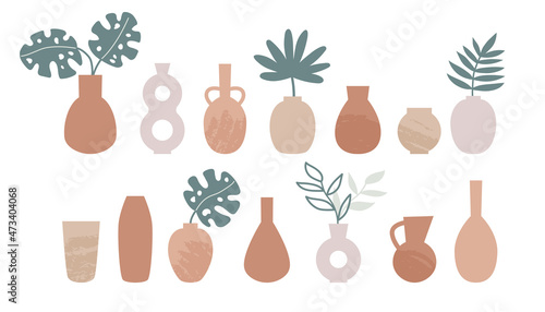 Set of ceramic and clay vases. Boho style pots. Hand drawn tropical leaves and plants. Vintage bottle and jug. Pastel earth colors. Flat vector illustration.
