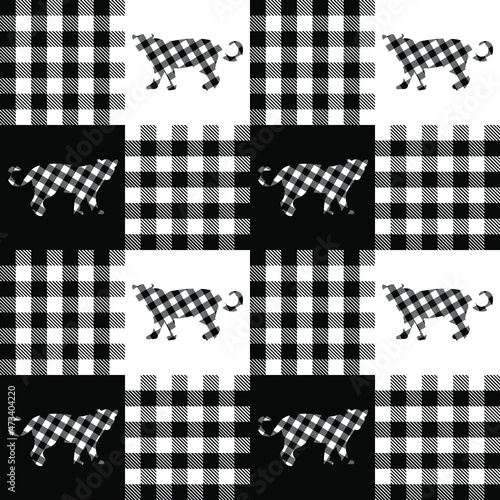 Checkered print. Fashionable seamless pattern with cat silhouette for modern fabrics, textiles, throw pillows, wrapping paper. White and black. Vector.