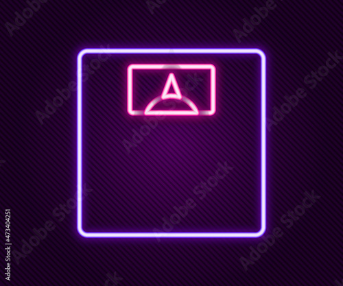 Glowing neon line Bathroom scales icon isolated on black background. Weight measure Equipment. Weight Scale fitness sport concept. Colorful outline concept. Vector