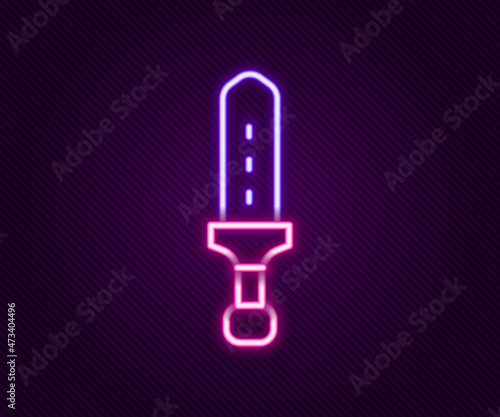 Glowing neon line Medieval sword icon isolated on black background. Medieval weapon. Colorful outline concept. Vector