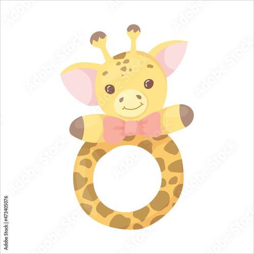 A bright toy for a newborn baby. A rattle in the shape of a cute giraffe. Vector illustration isolated on white background.