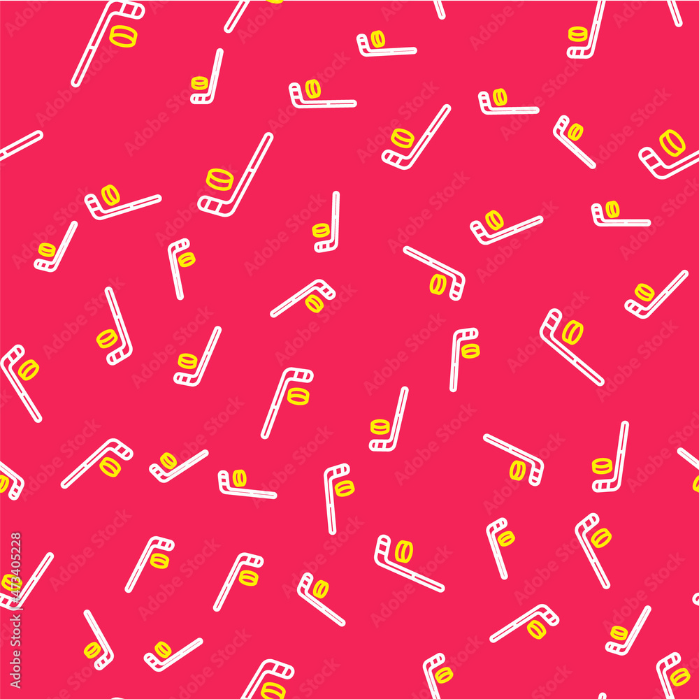 Line Ice hockey stick and puck icon isolated seamless pattern on red background. Vector Line Ice hockey stick and puck icon isolated seamless pattern on red background. Vector