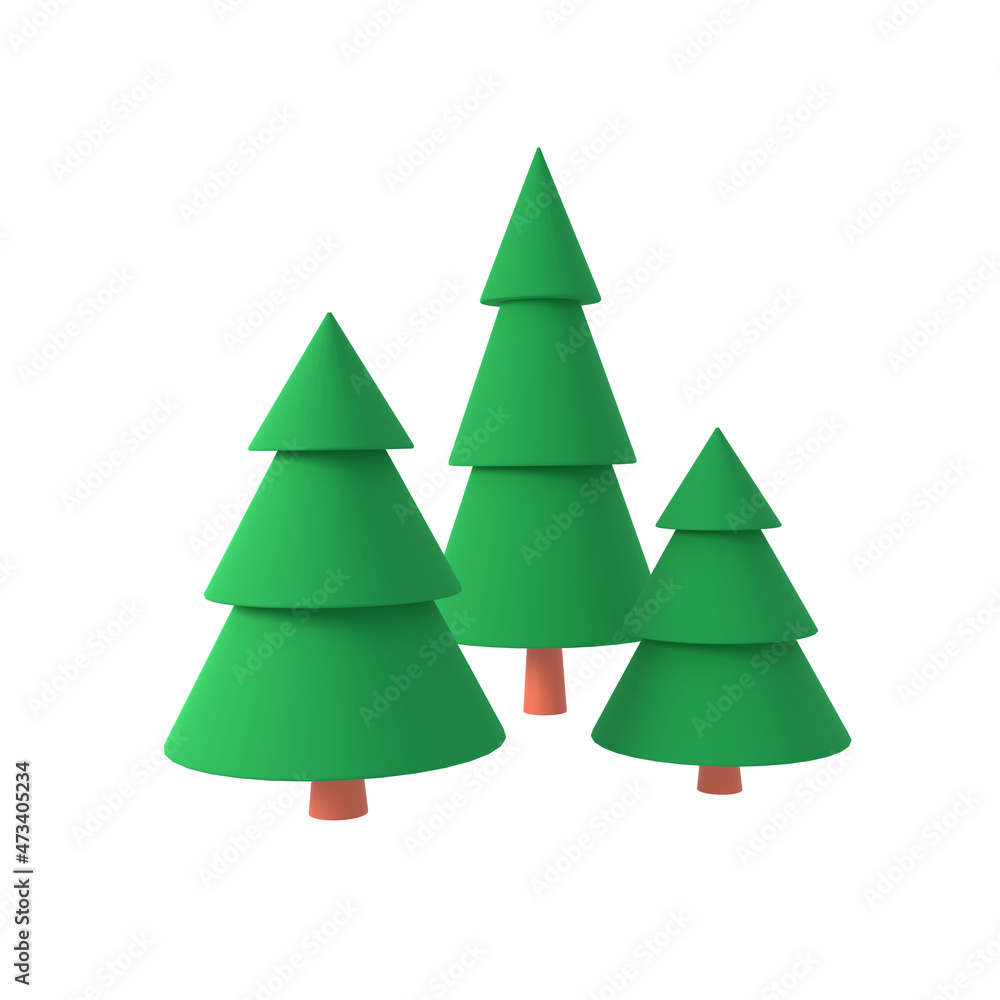 Three green firs or pine trees isolated on white background 3D render illustration. Cartoon stylized nature design elements. Christmas tree or outdoors park or forest clipart. Simple 3D icon or logo. Three green firs or pine trees isolated on white background 3D render illustration. Cartoon stylized nature design elements. Christmas tree or outdoors park or forest clipart. Simple 3D icon or logo.
