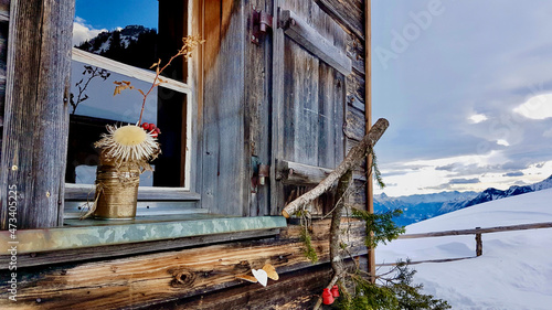 Beautifully decorated mountain hut in winter time. Bazora, Vorarlberg, Austria. photo