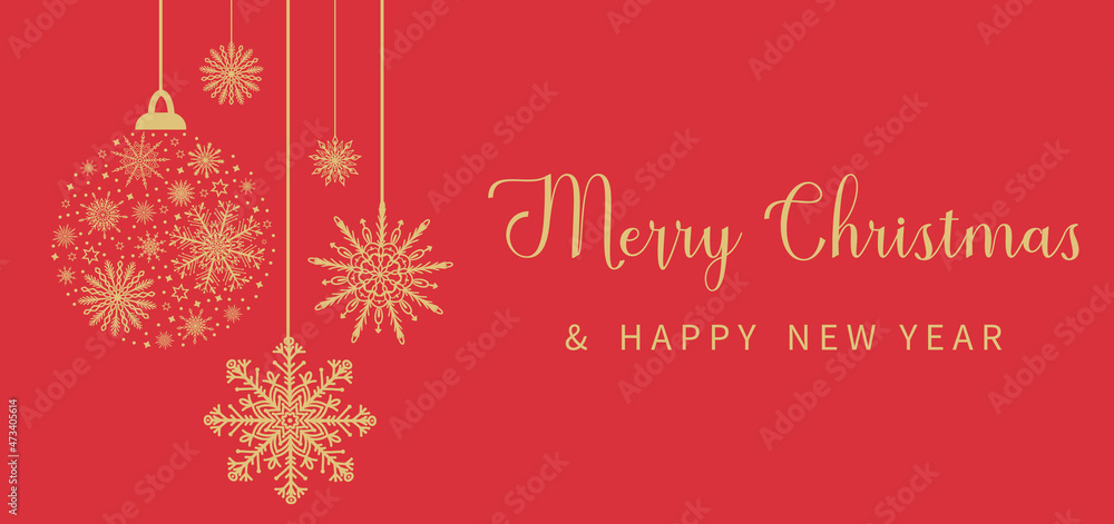 Merry Christmas and Happy New Year elegant greeting card, template, banner. Christmas ball bauble silhouette, decorative golden snowflakes on red background. Vector illustration winter design