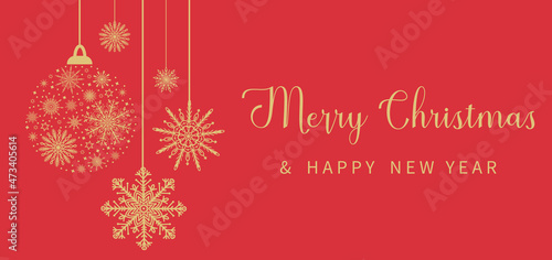 Merry Christmas and Happy New Year elegant greeting card, template, banner. Christmas ball bauble silhouette, decorative golden snowflakes on red background. Vector illustration winter design