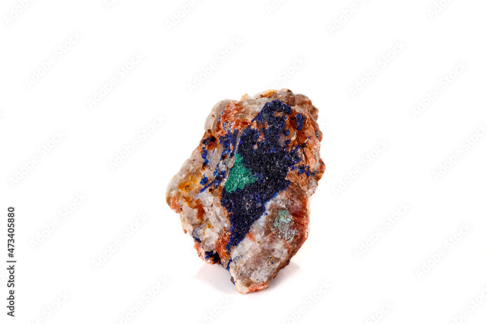 Macro mineral stone Malachite and Azurite against white background Macro mineral stone Malachite and Azurite against white background