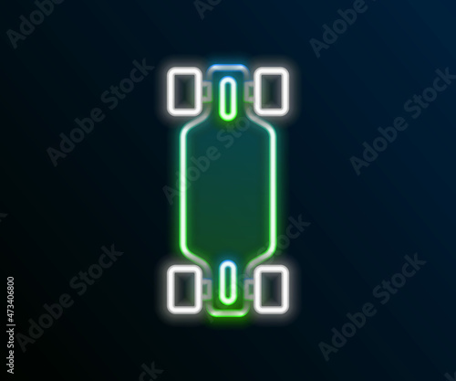 Glowing neon line Longboard or skateboard cruiser icon isolated on black background. Extreme sport. Sport equipment. Colorful outline concept. Vector