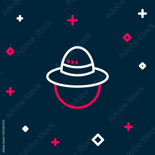 Line Camping hat icon isolated on blue background. Beach hat panama. Explorer travelers hat for hunting, hiking, tourism. Colorful outline concept. Vector